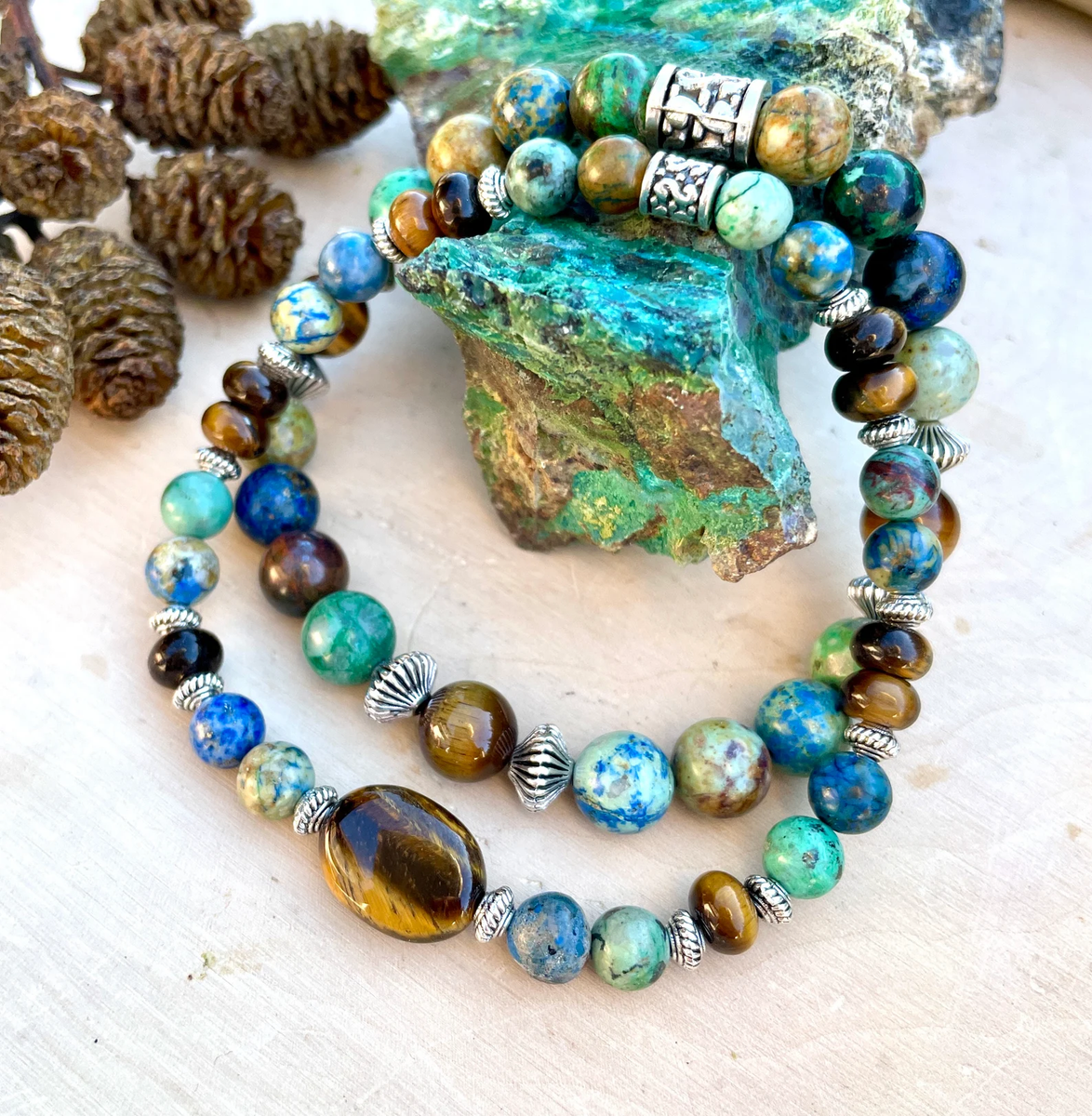AZURITE CHRYSOCOLLA BRACELET Duo Stack with Tiger's Eye, Silver