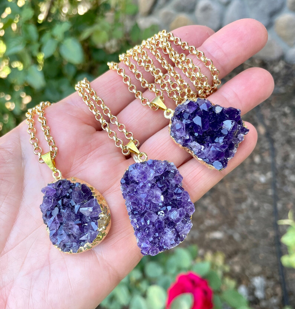 AMETHYST DRUZY PENDANT Necklace, Choice, Deep Purple, Gold Chain