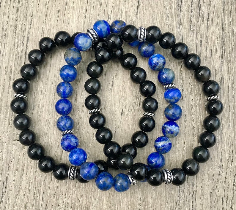 Bracelets | Beads and Cowries – Black and 2 Cowries Blue Connectors – 8 mm