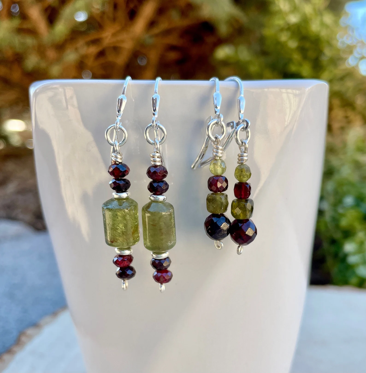 Gray Red Gemstone Sterling Silver Earrings Garnet and authentic Gray Chalcedony Dangles