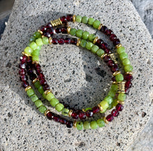 CANADIAN JADE & Red GARNET Cube Bracelet, with Gold Accents, Beaded, Stretch, Minimalist, Natural Stone Gemstone Crystal