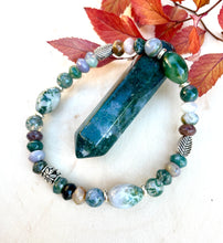 MOSS AGATE BRACELET w/Leaf Beads, Stretch, Natural Stone, Green Gemstone Crystal, Earthy