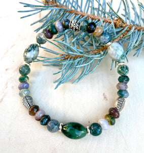 MOSS AGATE BRACELET w/Leaf Beads, Stretch, Natural Stone, Green Gemstone Crystal, Earthy