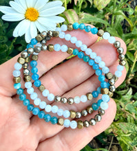 Blue Apatite, Aquamarine & Pyrite Bracelet, Choice, Stretch, Natural Stone Crystal