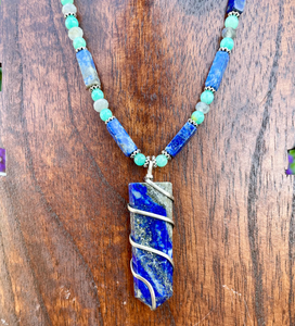 LAPIS LAZULI NECKLACE with Chrysocolla, Labradorite & Silver, Beaded, 18", Natural Stone Crystal Gemstone Pendant