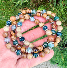 MOSS AGATE & WOOD Bracelet, Choice, Petrified Wood, Natural or Tiger Skin Sandalwood, Silver, Stretch, Earthy Green Gemstone