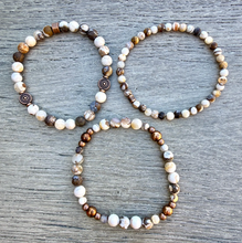 PETRIFIED WOOD BRACELET Stack with Copper Stretch Bracelets, Opalized Natural Stone Gemstone Crystal, Brown/Beige