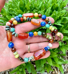 BOHO FIESTA NECKLACE & Bracelet Set, featuring Carnelian Agate + other Gemstones, Antiqued Brass Adjustable Chain, Crystal Natural Stone