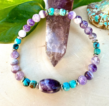 TURQUOISE & CHEVRON AMETHYST Bracelet, Stretch, 5-6mm + Oval, Beaded, Silver, Genuine Natural Stone Gemstone Crystal