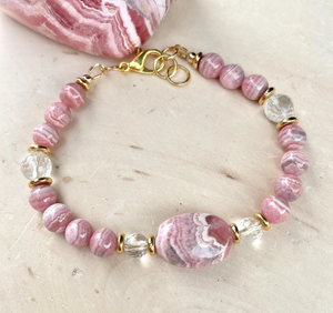 RHODOCHROSITE BRACELET with Clear Quartz & Gold Accents, Adjustable Clasp, Beaded, Pink Natural Stone Crystal Gemstone