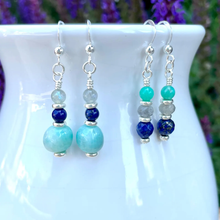 AMAZONITE EARRINGS with Lapis Lazuli & Labradorite, Silver Dangle, Genuine, Crystal Natural Stone Gemstone