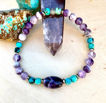TURQUOISE & CHEVRON AMETHYST Bracelet, Stretch, 5-6mm + Oval, Beaded, Silver, Genuine Natural Stone Gemstone Crystal