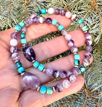 TURQUOISE & CHEVRON AMETHYST Bracelet, Stretch, 5-6mm + Oval, Beaded, Silver, Genuine Natural Stone Gemstone Crystal