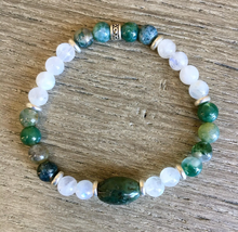 MOSS AGATE & RAINBOW Moonstone Bracelet, Stretch, Natural Stone Gemstone, Green and White Crystal