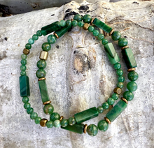 AFRICAN GREEN JADE Bracelet Duo Stack with Rustic Brass, Natural Stone Gemstone, Crystal Stretch Bracelets, Set of 2