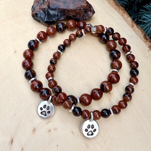 MAHOGANY OBSIDIAN BRACELET with Dog Paw Charm, Silver, Stretch, Gemstone Crystal Stone, Dog Lovers Gift