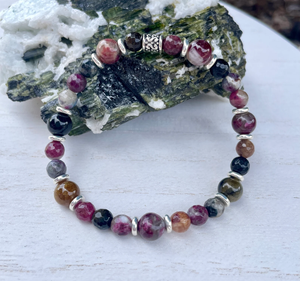 WATERMELON TOURMALINE BRACELET with Silver, Stretch Beaded, Multi-Colored Natural Stone Gemstone Crystal, 6-8mm
