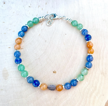 AVENTURINE ANKLET or BRACELET, Green, Blue & Orange, Leaf Charm, Adjustable, Beaded Gemstone Natural Stone