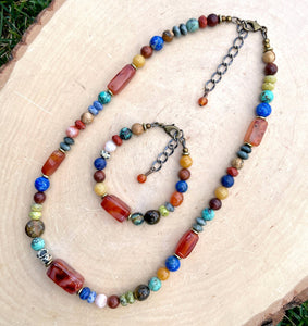 BOHO FIESTA NECKLACE & Bracelet Set, featuring Carnelian Agate + other Gemstones, Antiqued Brass Adjustable Chain, Crystal Natural Stone