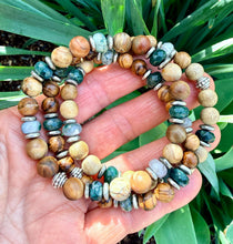 MOSS AGATE & WOOD Bracelet, Choice, Petrified Wood, Natural or Tiger Skin Sandalwood, Silver, Stretch, Earthy Green Gemstone