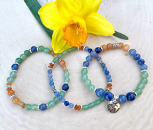 AVENTURINE ANKLET or BRACELET, Green, Blue & Orange, Leaf Charm, Adjustable, Beaded Gemstone Natural Stone