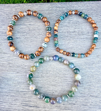 MOSS AGATE & SANDALWOOD Bracelet Stack, Silver, Stretch, Genuine Natural Green Gemstone, Wood, Crystal, Earthy Stone