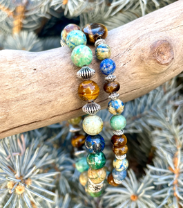 AZURITE CHRYSOCOLLA BRACELET Duo Stack with Tiger's Eye, Silver, Natural Blue Green Brown Stone, Arizona Gemstone Crystal