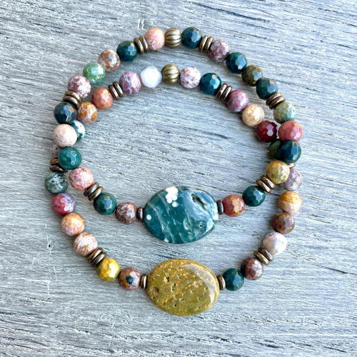 OCEAN JASPER BRACELET, Choice, Antiqued Brass, Stretch, Beaded, 7