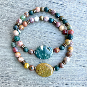 OCEAN JASPER BRACELET, Choice, Antiqued Brass, Stretch, Beaded, 7" & 7.5", Gemstone Natural Stone Crystal