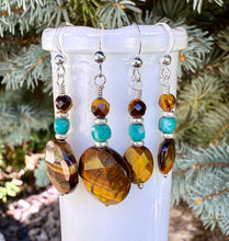 TIGER'S EYE & TURQUOISE Earrings, Choice, Silver, Dangle, Genuine, Crystal Natural Stone Gemstone