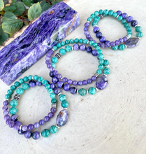 CHAROITE & AMAZONITE BRACELET, Choice 6mm or 8mm, Russian Natural Stone, Beaded, Stretch, Gemstone Crystal