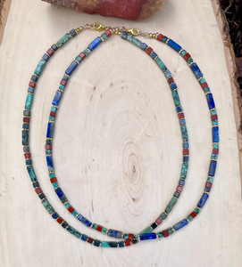 LAPIS LAZULI & AFRICAN TURQUOISE Necklace, Choice, 18", Beaded Cube Gemstone Strand with Gold Brass, Natural Stone Crystal