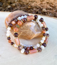 MOONSTONE BRACELET STACK, Rainbow, Chocolate, Peach, with Gold Accents, Natural Stone, Gemstone Crystal, Set of 3 Stretch Bracelets