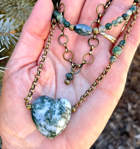 MOSS AGATE HEART 3-Layered Necklace with Antiqued Brass Chain, 23" Natural Stone Gemstone