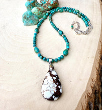 GENUINE TURQUOISE NECKLACE with Wild Horse Jasper Pendant, Beaded, Silver, Adjustable 18"-20"a