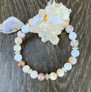 BLUE CHALCEDONY BRACELET with Silver, Namibia Natural Stone, Golden Matrix, 8mm Stretch Beaded Gemstone Crystal