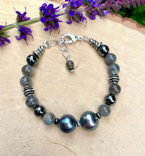 PEACOCK FRESHWATER PEARL BRACELET with Labradorite & Hematite, Clasp, Silver, Gray/Black Natural Stone, Gemstone, Crystal, Adjustable