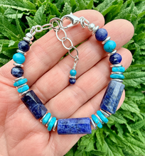 SODALITE & KINGMAN TURQUOISE Bracelet, Silver, Adjustable, Clasp, Beaded, Natural Stone Crystal Gemstone