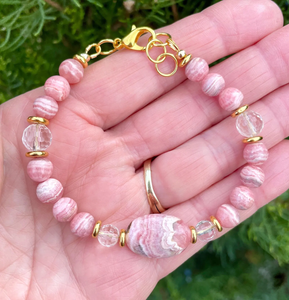 RHODOCHROSITE BRACELET with Clear Quartz & Gold Accents, Adjustable Clasp, Beaded, Pink Natural Stone Crystal Gemstone