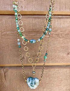 MOSS AGATE HEART 3-Layered Necklace with Antiqued Brass Chain, 23" Natural Stone Gemstone