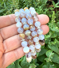BLUE CHALCEDONY BRACELET with Silver, Namibia Natural Stone, Golden Matrix, 8mm Stretch Beaded Gemstone Crystal
