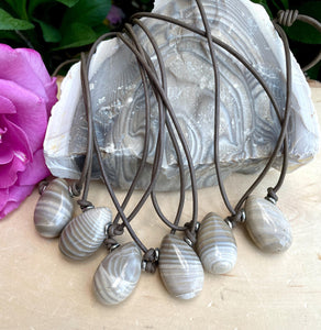 POLISH FLINT PENDANT Necklace, Choice, Brown Leather Cord, Poland Banded Natural Stone, Gemstone Crystal, Adjustable 14"-22"