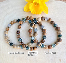 MOSS AGATE & WOOD Bracelet, Choice, Petrified Wood, Natural or Tiger Skin Sandalwood, Silver, Stretch, Earthy Green Gemstone