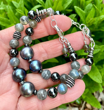 PEACOCK FRESHWATER PEARL BRACELET with Labradorite & Hematite, Clasp, Silver, Gray/Black Natural Stone, Gemstone, Crystal, Adjustable