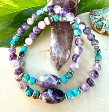 TURQUOISE & CHEVRON AMETHYST Bracelet, Stretch, 5-6mm + Oval, Beaded, Silver, Genuine Natural Stone Gemstone Crystal