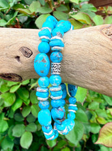 KINGMAN TURQUOISE BRACELET with Silver, Stretch, Blue Round & Pebble, Beaded, Genuine, Crystal Natural Stone Gemstone