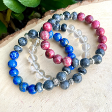 THULITE, LAPIS LAZULI & Clear Quartz Bracelet Stack, with Larvikite and Silver, 10mm Beaded, Stretch, Genuine Natural Stone Gemstone
