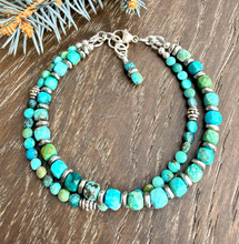 Turquoise & Silver Duo Bracelet Stack, with clasp, Beaded Genuine Natural Stone