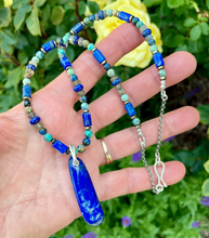 LAPIS LAZULI NECKLACE with Azurite Chrysocolla, Labradorite & Pyrite, Beaded, 18", Natural Stone Crystal Gemstone Pendant, Silver Chain