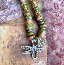 DRAGONFLY UNAKITE NECKLACE, Sterling Silver, 20", Beaded, Natural Stone Gemstone Crystal Jewelry